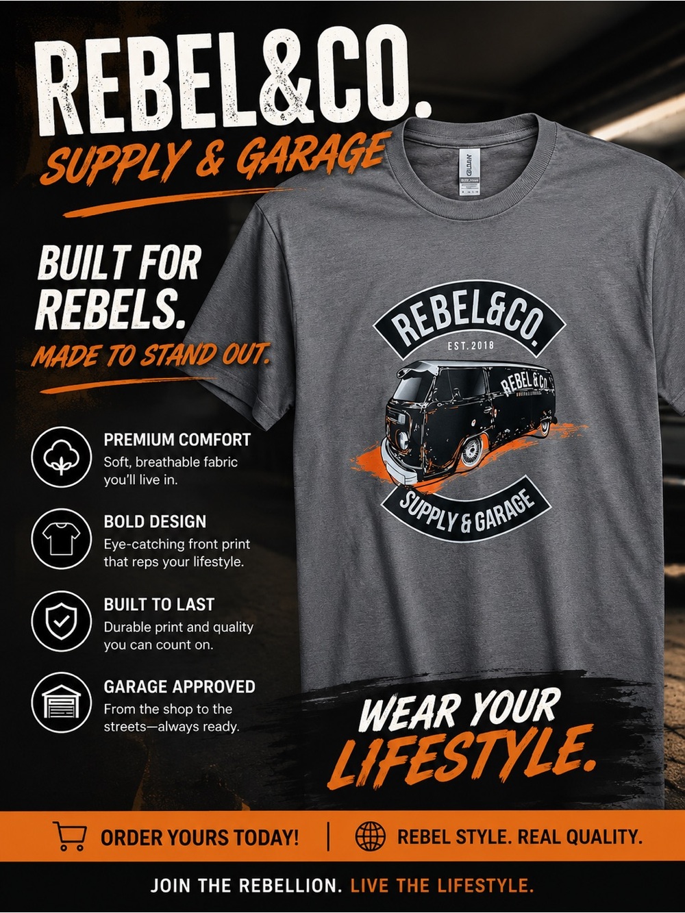 Rebel & Co VW Bus Black Van Graphic with Orange Accents